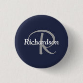 Elegant Navy Blue White Silver Gray Mit Monogramm Button (Vorderseite)