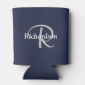 Elegant Navy Blue White Silver Gray Mit Monogramm Dosenkühler (Rückseite)