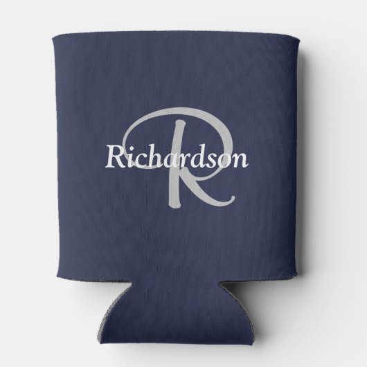Elegant Navy Blue White Silver Gray Mit Monogramm Dosenkühler (Rückseite)