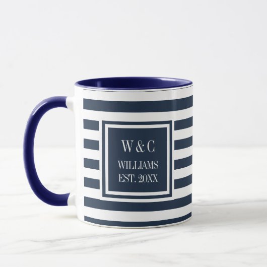 Elegant Navy Blue White Stripe Monogram Name Tasse (Links)