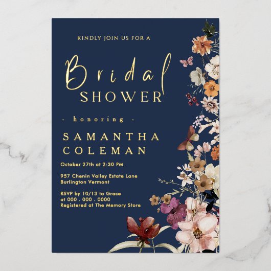 Elegant Navy Blue Wildblume Boho Brautparty Folieneinladung (Vorderseite)