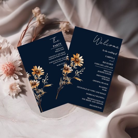 Elegant Navy Blue Wildblume Wedding Program Card