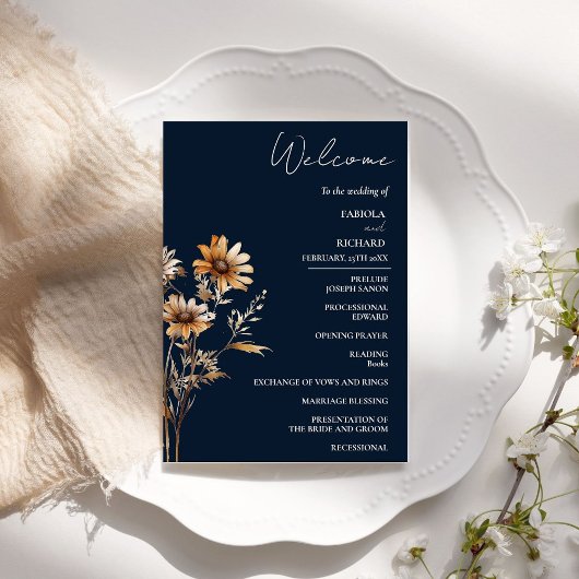 Elegant Navy Blue Wildblume Wedding Program Card