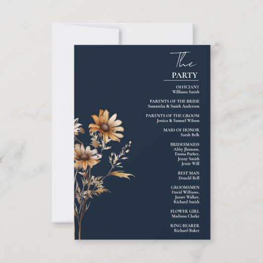 Elegant Navy Blue Wildblume Wedding Program Card (Rückseite)