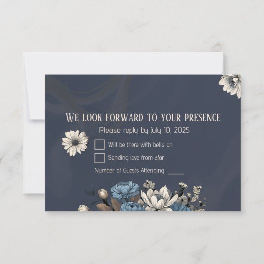 Elegant Navy Blue Wildblume Wedding RSVP Karte (Vorderseite)