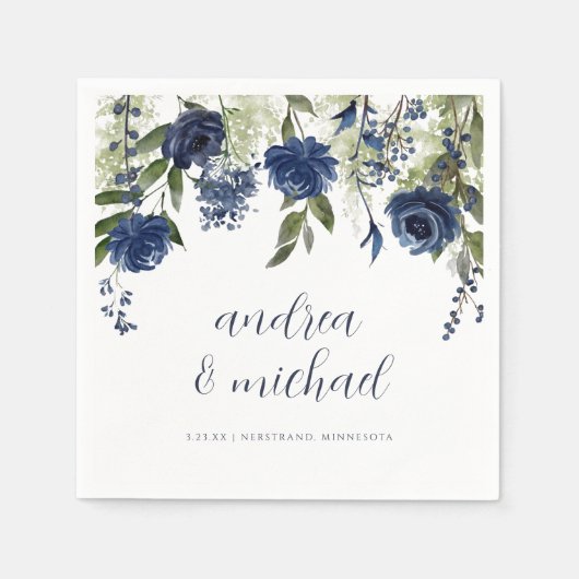 Elegant Navy Blue Wildblumen Floral Wedding Napki Serviette (Vorderseite)