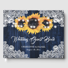 Elegant Navy Blue Wood Lace Sunflower Wedding Gästebuch