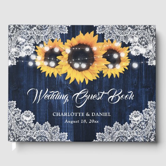 Elegant Navy Blue Wood Lace Sunflower Wedding Gästebuch (Vorderseite)