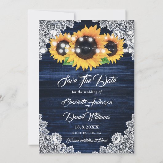 Elegant Navy Blue Wood Lace Sunflower Wedding Save The Date (Vorderseite)