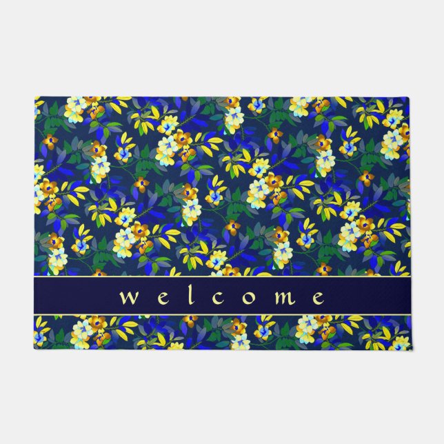 Elegant Navy Blue & Yellow Floral | Begrüßung Fußmatte (Vorderseite)