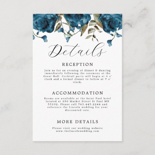 Elegant Navy Blues Floral Wedding Begleitkarte (Vorderseite)
