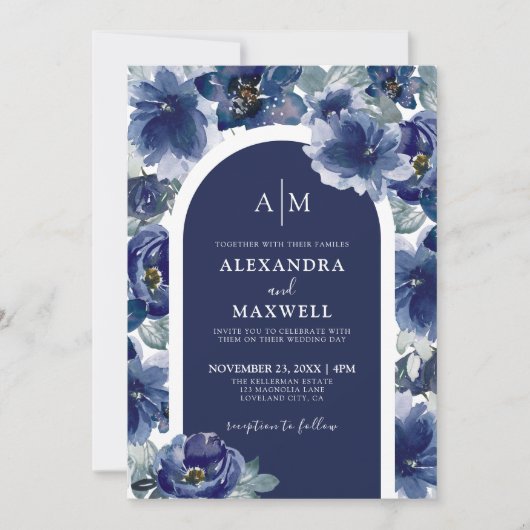 Elegant Navy Blues Floral Wedding Einladung (Vorderseite)