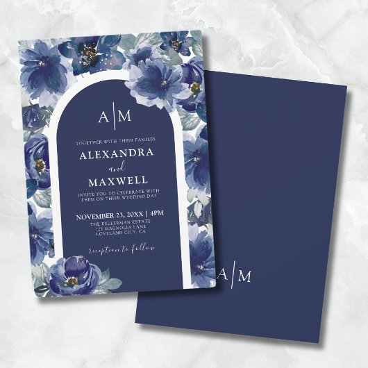 Elegant Navy Blues Floral Wedding Einladung