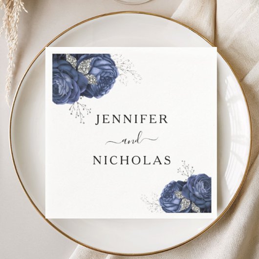 Elegant Navy Blues Floral Wedding Serviette