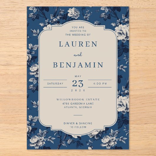 Elegant Navy Blumenmuster Acryleinladungen (Vorderseite)