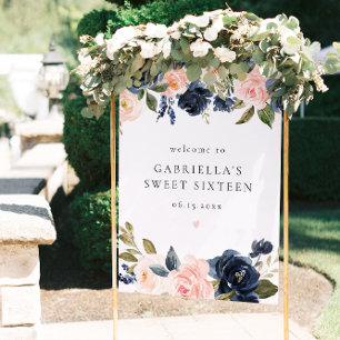 Elegant Navy Blush Bloral Sweet 16 Willkommen Poster