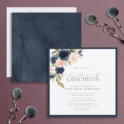 Elegant Navy Blush Floral Bridal Luncheon Einladung