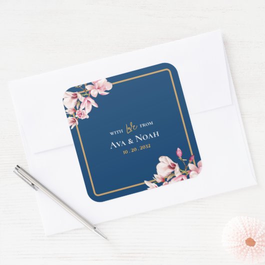 Elegant Navy Blush Pink Magnolia Floral Wedding Quadratischer Aufkleber (Umschlag)