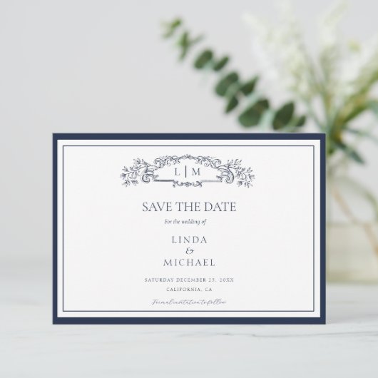 Elegant Navy botanisches Wappen Monogramm Hochzeit Save The Date (Stehend Vorderseite)