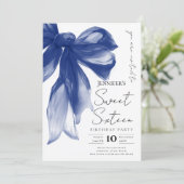 Elegant Navy Bow Coquette Script Sweet 16 Party  Einladung (Stehend Vorderseite)