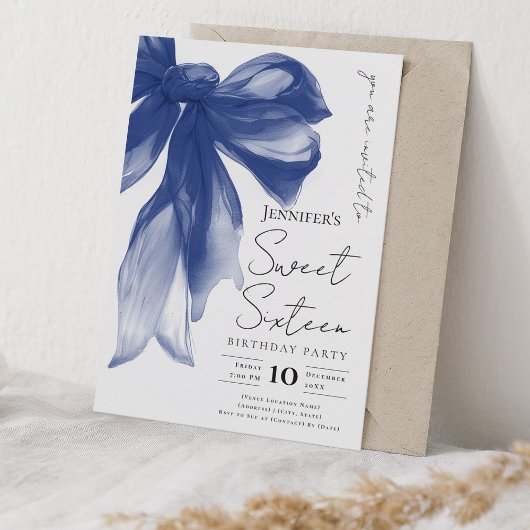 Elegant Navy Bow Coquette Script Sweet 16 Party  Einladung