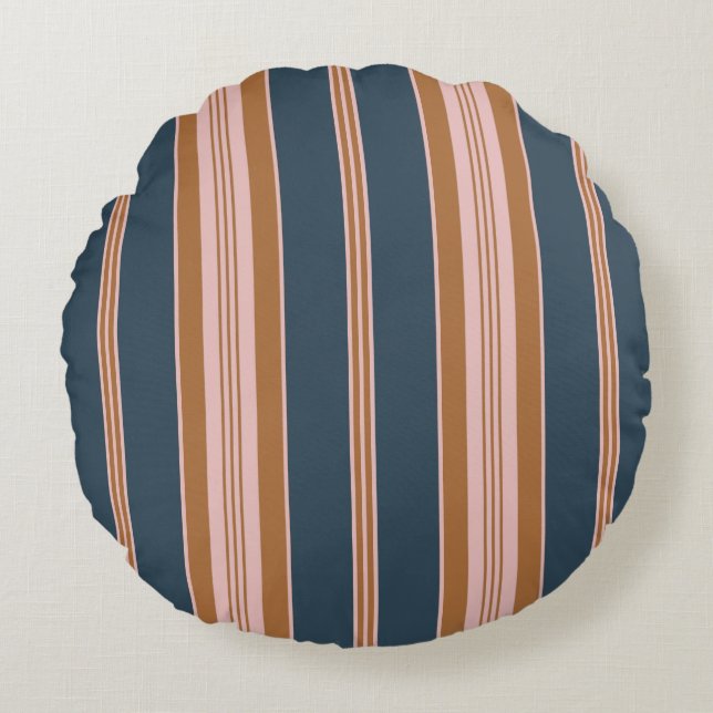 Elegant Navy Brown Pink Ticking Stripe Rundes Kissen (Vorderseite)