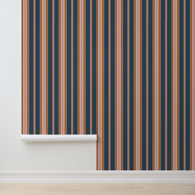 Elegant Navy Brown Pink Ticking Stripe Tapete (Anwendung)