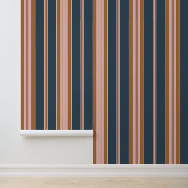 Elegant Navy Brown Pink Ticking Stripe Tapete (Anwendung)