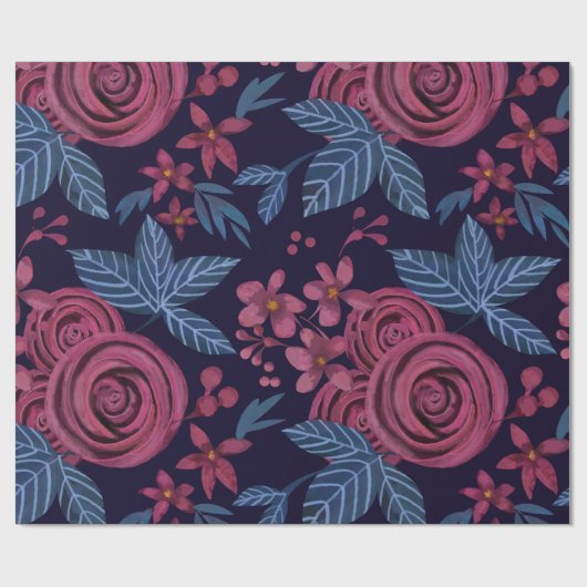 Elegant Navy Burgundy Floral Watercolo Geschenkpapier (Flach)