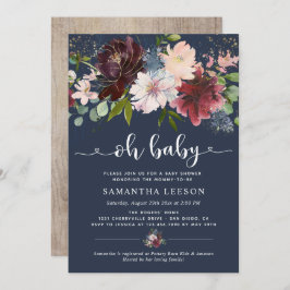 Elegant Navy Burgundy Florals Baby Shower Einladung