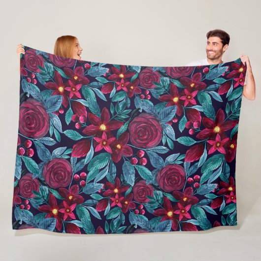 Elegant Navy Burgundy Weihnachten Floral Wasserfar Fleecedecke (Beispiel)