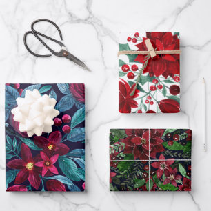 Elegant Navy Burgundy Weihnachten Floral Wasserfar Geschenkpapier Set