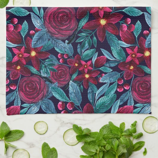 Elegant Navy Burgundy Weihnachten Floral Wasserfar Geschirrtuch (Gefaltet)