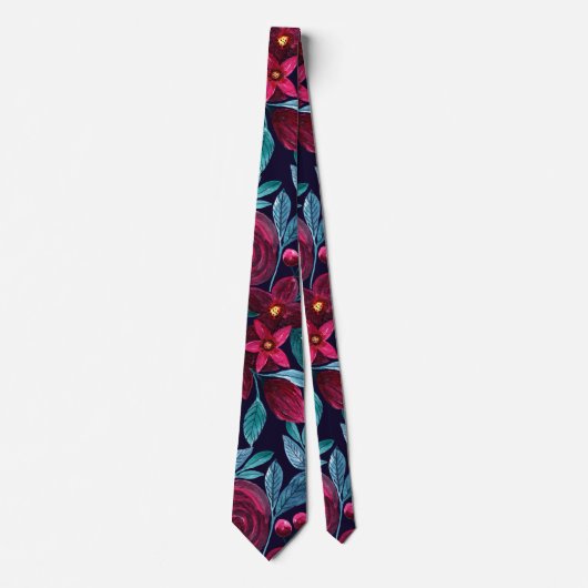 Elegant Navy Burgundy Weihnachten Floral Wasserfar Krawatte (Vorderseite)