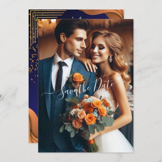 Elegant Navy & Burnt Orange | FOTO SAVE THE DATE Einladung (Vorne/Hinten)