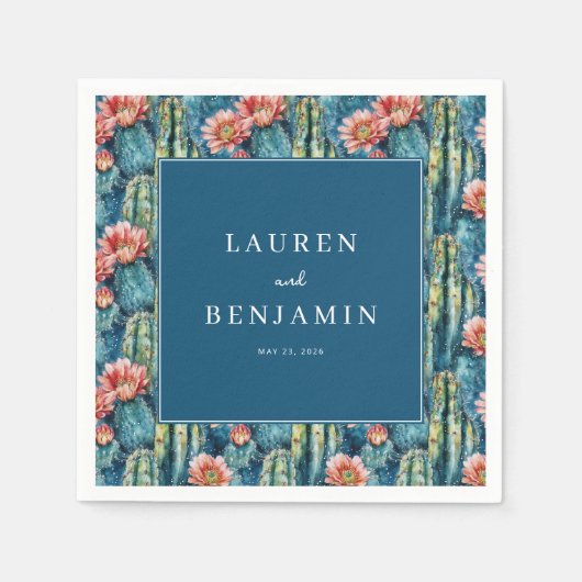 Elegant Navy Cactus Floral Serviette (Vorderseite)