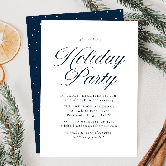 Elegant Navy Calligraphy Script Holiday Party Einladung
