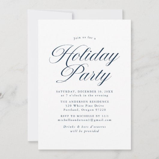 Elegant Navy Calligraphy Script Holiday Party Einladung (Vorderseite)