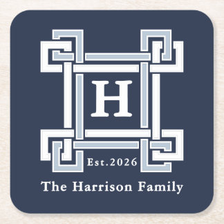 Elegant Navy Coastal Greek Key Monogram Rechteckiger Pappuntersetzer