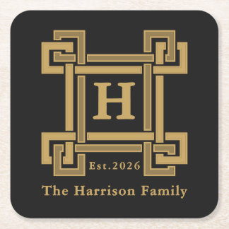 Elegant Navy Coastal Greek Key Monogram Rechteckiger Pappuntersetzer