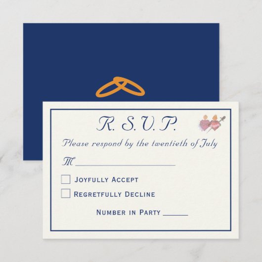 Elegant Navy & Cream Two Hearts Catholic Wedding RSVP Karte (Vorne/Hinten)