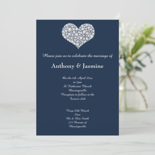 ELEGANT NAVY DIAMOND SWIRL HEART WEDD EINLADUNG (Stehend Vorderseite)