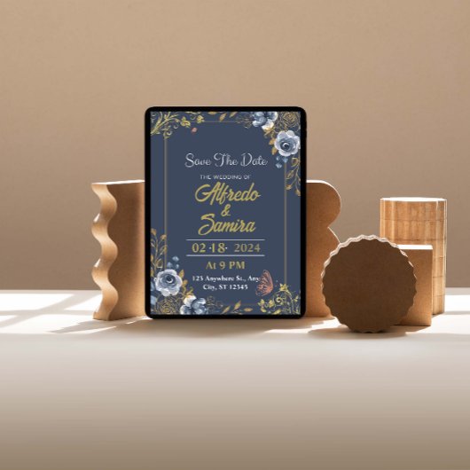 Elegant Navy Dreams: Custom Dark Blue With Photo Einladung