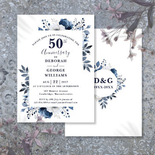 Elegant Navy Floral 50. Hochzeitstag  Einladung
