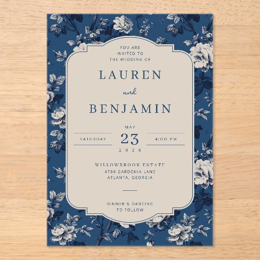 Elegant Navy Floral Acryleinladungen (Vorderseite)