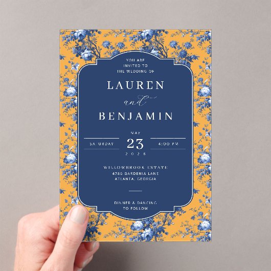 Elegant Navy Floral Mustard Acryleinladungen (Insitu (Handheld))