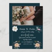 Elegant Navy Floral Photo Wedding Invitation Einladung (Vorne/Hinten)