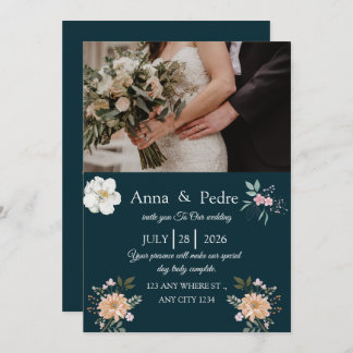 Elegant Navy Floral Photo Wedding Invitation Einladung
