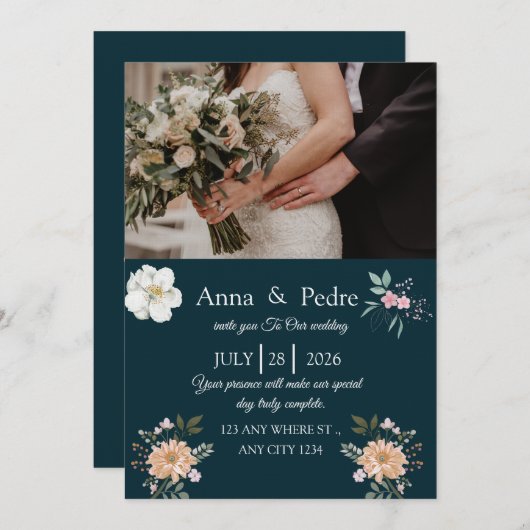 Elegant Navy Floral Photo Wedding Invitation Einladung (Vorne/Hinten)