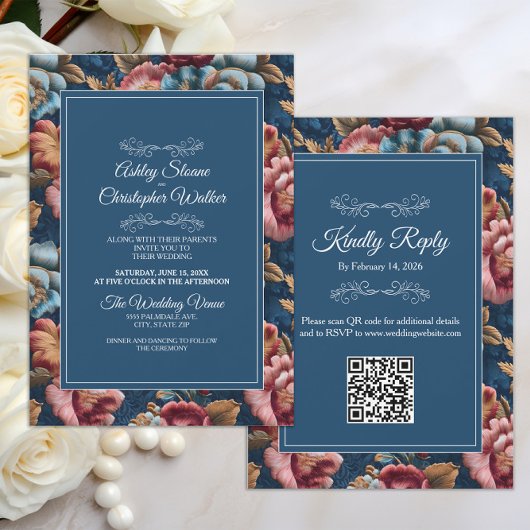 Elegant Navy Floral Teal RSVP QR code Wedding Einladung